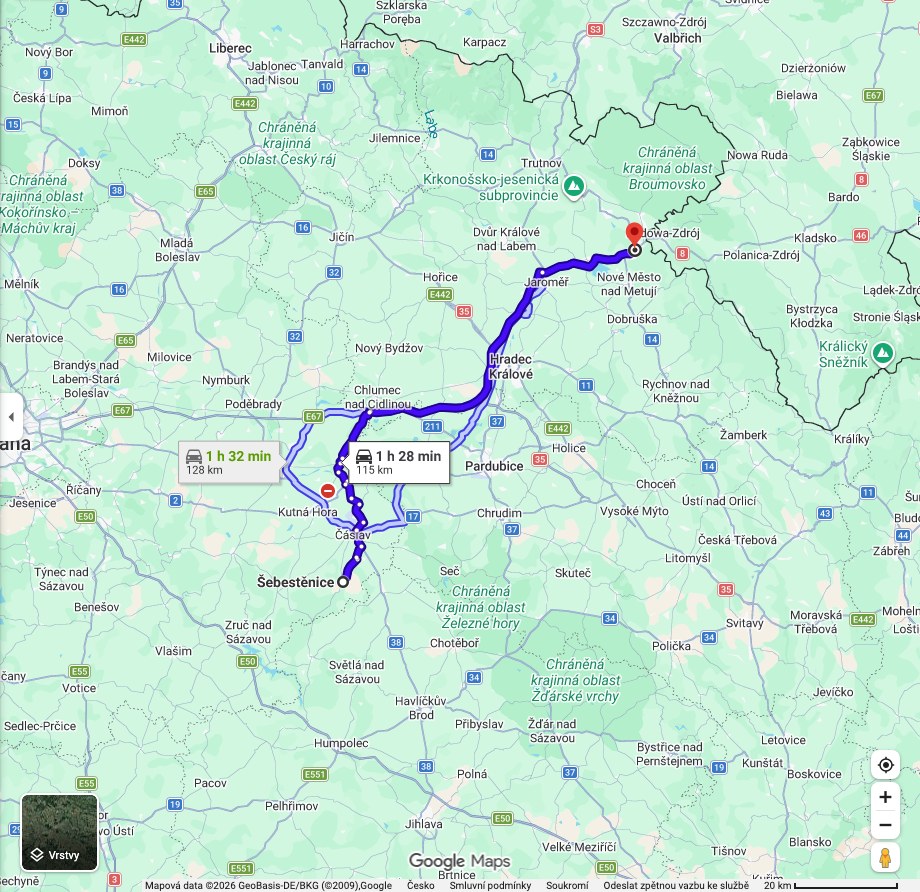 Mapa trasy ze Šebestěnic k polským hranicím u Náchoda