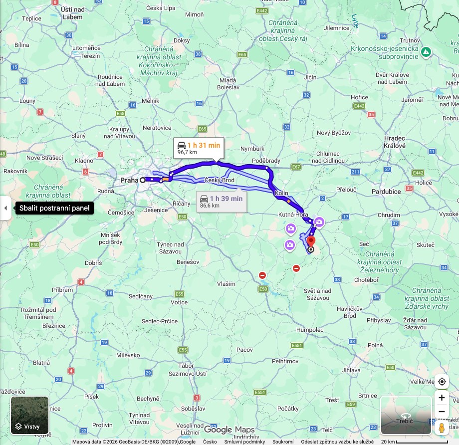 Mapa trasy z Prahy do Šebestěnic